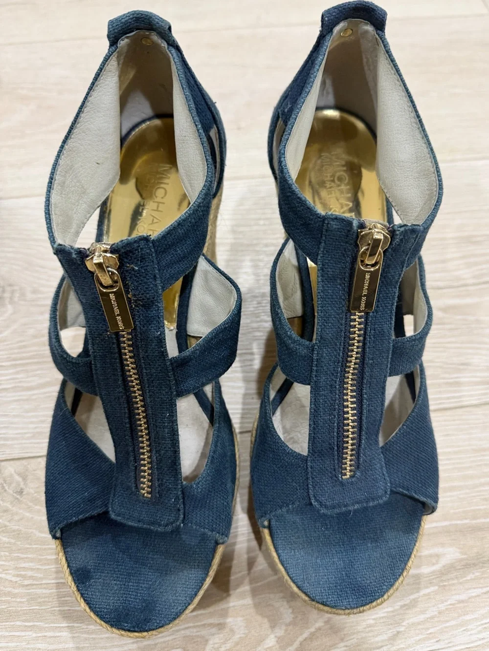 Michael Kors Denim Espadrille Wedge Sandals Gold Zip Size 6.5